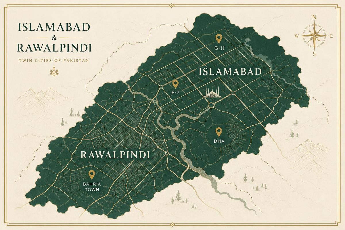 Termite treatment service area map covering Islamabad and Rawalpindi sectors, DHA and Bahria Town